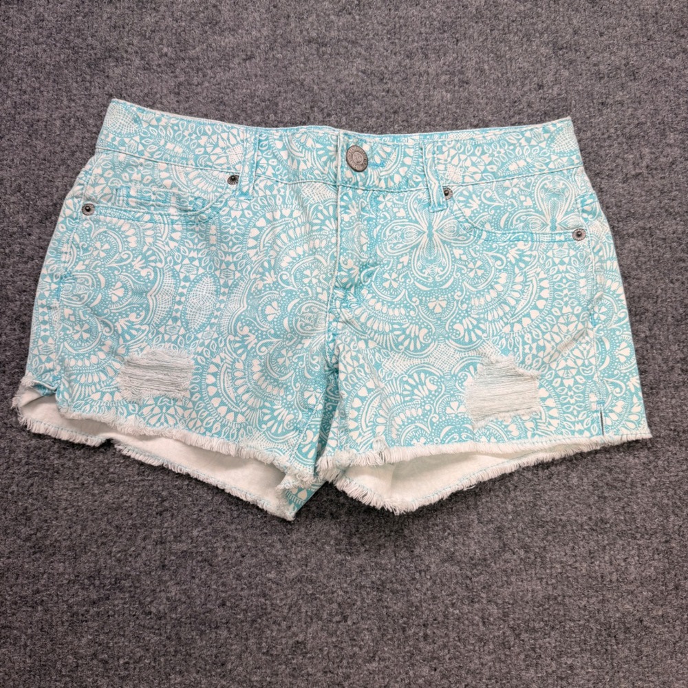 Aeropostale Teal Paisley Mandala Print Distressed Raw Hem Denim Shorts Size 2